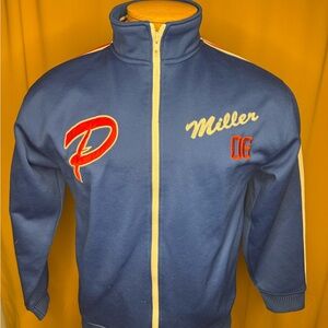 Blue Zip-Up Sweater with Red and Gold Details